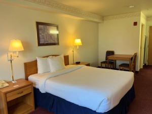 a hotel room with a large bed and a desk at Peppermill Empress Inn in Centralia