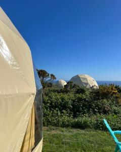 uma tenda com duas cúpulas num campo em Geodome with sea views near Pendine em Pendine