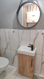 La salle de bains est pourvue d'un lavabo et d'un miroir. dans l'établissement Studio27, à Wrocław