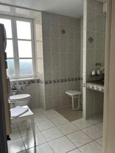 baño con aseo y lavabo y ventana en Cit'Hotel le Challonge en Dinan