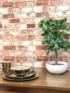 a table with two bowls and a potted plant on it at COZY - 2 bedroom Townhome Getaway - Plaza Midwood in Charlotte