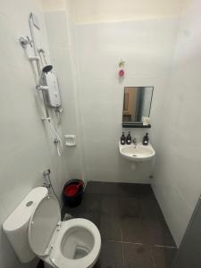班台的住宿－Pantai Remis Bear Homestay，白色的浴室设有卫生间和水槽。
