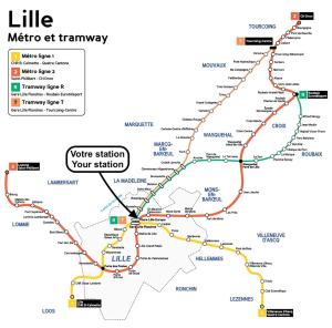 un mapa del tranvía Metro Act en Lille Saint Maurice - Nice and functional studio, en Lille
