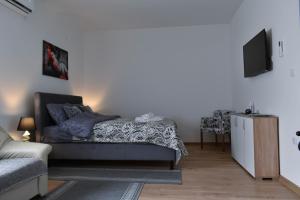 Ljubić的住宿－Apartmani DUGA，一间卧室配有一张床,墙上配有电视