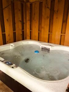 uma banheira de hidromassagem num quarto com paredes de madeira em Blessed Nest em Townsend