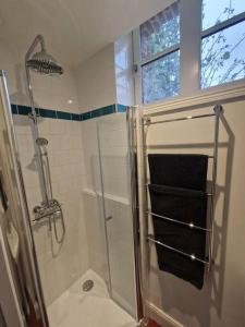 Un baño con ducha, inodoro y ventana. en Jardin de la Préfecture, en Arras