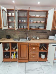 a kitchen with wooden cabinets and a sink at Dom pri rieke s parkovaním in Žilina