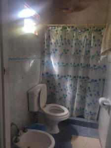 a bathroom with a toilet and a shower curtain at RINCON SOÑADO in Paso de la Patria