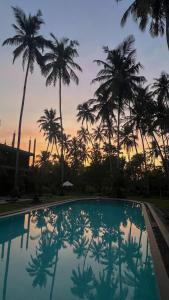 a resort swimming pool with palm trees in the background at Hotel Riverrina in Negombo