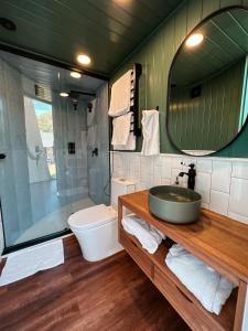 a bathroom with a sink and a toilet and a mirror at Casa bolha in Imaruí