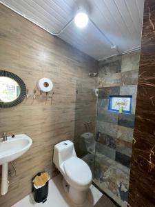 ein Bad mit einem WC, einem Waschbecken und einer Dusche in der Unterkunft Blue View by Ronny’s Place in Quepos
