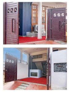 two pictures of an open door and a refrigerator at Apna Guest House in Lucknow