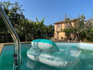 a swimming pool with an inflatable at Casa Aia Sole with pool, A/C, garden, barbecue in Massarosa