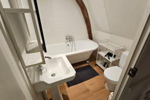 La salle de bains est pourvue d'une baignoire, d'un lavabo et de toilettes. dans l'établissement Le perchoir, studio avec mezzanine, à Arras