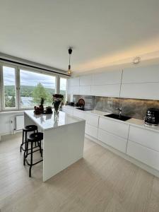 ロヴァニエミにあるLuxury Penthouse In City Centerの白いキャビネット付きのキッチン、テーブル付きのカウンター