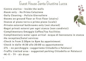 Guest House Santa Giustina Lucca Centro Storico في لوكّا: قائمة بيت الضيافة santa cruz santa cruz cafe