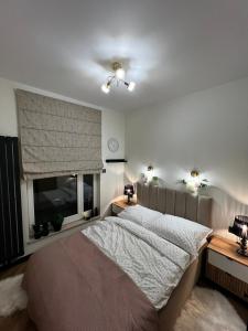 a bedroom with a bed and a window at Apartament Starówka Bulvar 11 in Elblag