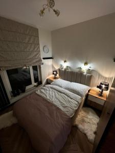 a bedroom with a bed and two night stands with lamps at Apartament Starówka Bulvar 11 in Elblag