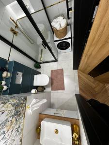 a bathroom with a sink and a toilet in it at Apartament Starówka Bulvar 11 in Elblag