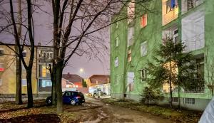 um pequeno carro estacionado ao lado de um edifício verde em Apartman Lola em Vinkovci