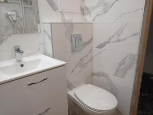 a white bathroom with a toilet and a sink at City Center-Złota str. in Warsaw