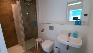 a bathroom with a shower and a sink and a toilet at Auszeit am Rosengarten, Zentrumsnah in Güstrow