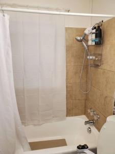 a bathroom with a shower with a white shower curtain at 5 Min to Naval Base, Six Flags. in North Chicago