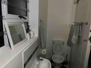 ein Badezimmer mit einem WC, einem Waschbecken und einem Spiegel in der Unterkunft Cavendish Suite Bachelor in Kapstadt