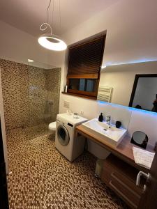 a bathroom with a sink and a washing machine at elisio - Pani Nani Apartment in Braşov