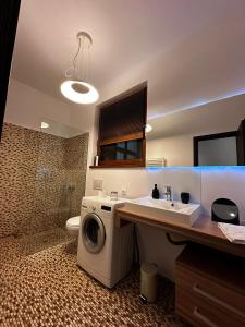 a bathroom with a sink and a washing machine at elisio - Pani Nani Apartment in Braşov
