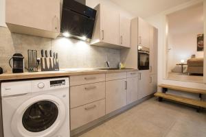 una cocina con lavadora y fregadero en Luxury Kirrberg, en Homburg