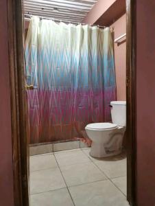 a bathroom with a toilet and a shower curtain at Hostal Apartamento con salida al mar in Puerto Limón