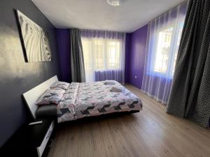 una camera da letto con un letto con pareti e finestre viola di Lovely 2-bedroom rental unit in Sofia a Sofia