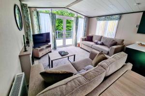 ein Wohnzimmer mit einem Sofa und einem TV in der Unterkunft Heather William Luxury Lodge in Woodhall Spa in Woodhall Spa