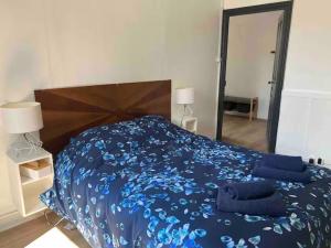 1 dormitorio con 1 cama con edredón azul en Gîte Cosy Hyper Centre * * *, en Langeac