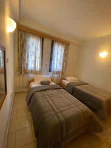 2 camas en una habitación de hotel con ventanas en Maryland Lodge kakopetria en Kakopetria