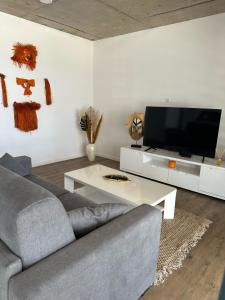 a living room with a couch and a tv at Pension Irivai appartement PUATOU 1 chambre bord de mer in Uturoa