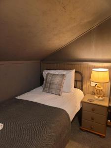 ein Schlafzimmer mit einem Bett und einer Lampe auf einem Nachttisch in der Unterkunft THE MOORINGS in Broadford