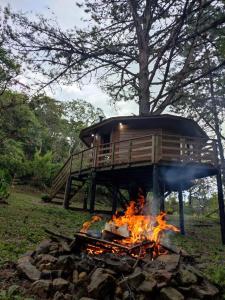 a tree house over a campfire in a field at Casa na Árvore - Chalé Quemeninho in Apiaí