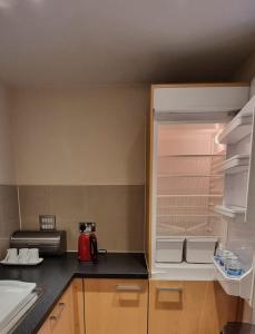 Colindale的住宿－Two bed Apartment free parking near Colindale Station，厨房配有带开放式冰箱的台面
