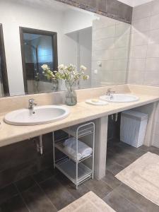 a bathroom with two sinks and a large mirror at Stylish & Cozy Studio in Igoumenitsa
