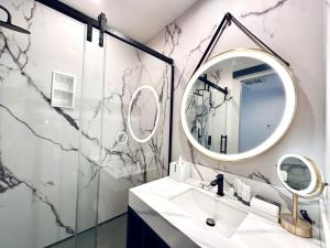 bagno con lavandino e specchio di Chez Hotel ad Arlington Heights