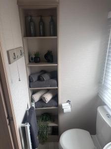 a bathroom with a toilet and towels on shelves at Seton sands holiday village in Port Seton