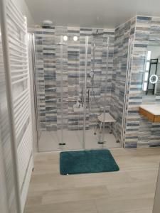 ein Badezimmer mit einer Dusche und einem grünen Teppich in der Unterkunft Campagne Océan Le Gite in Montroy
