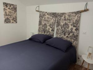 1 dormitorio con 2 almohadas azules en Logement atypique 10 personnes., en Pissos