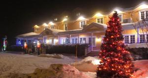 Un árbol de Navidad en la nieve frente a una casa en Auberge La Daïna en Baie-Saint-Paul