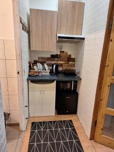 a small kitchen with a counter and a sink at Kambario nuoma su bendru vonios kambariu in Kaunas