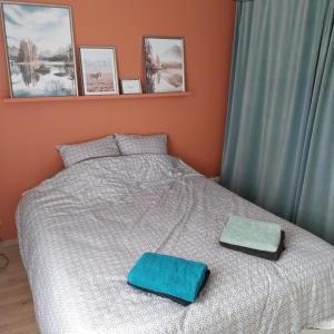 a bedroom with a bed with two towels on it at Appartement cosy proche Disney in Ferrières-en-Brie