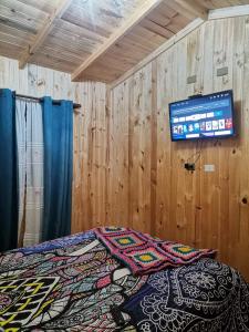 1 dormitorio con 1 cama y TV en la pared en Cabañas la Playa, en Isla Negra