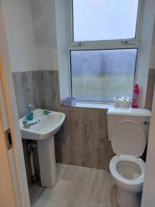 a bathroom with a toilet and a sink and a window at The corner house Longford town in Longford